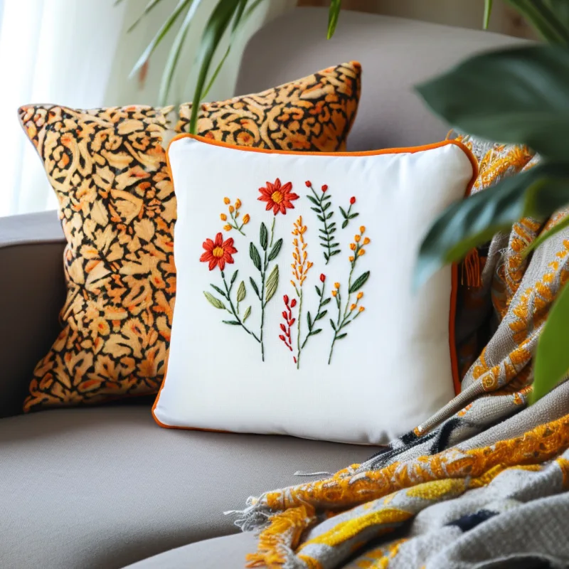 sofa with two brightly colored decorative cushions