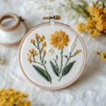 two wildflowers leaning toward each other in a hand-embroidered design