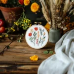 vibrant flower embroidery displayed on a table with small potted plants beside it