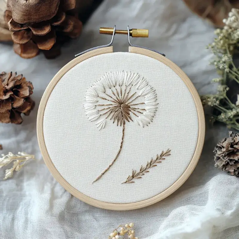 white dandelion hand embroidery displayed on a white fabric background white dandelion hand embroidery displayed on a white fabric background
