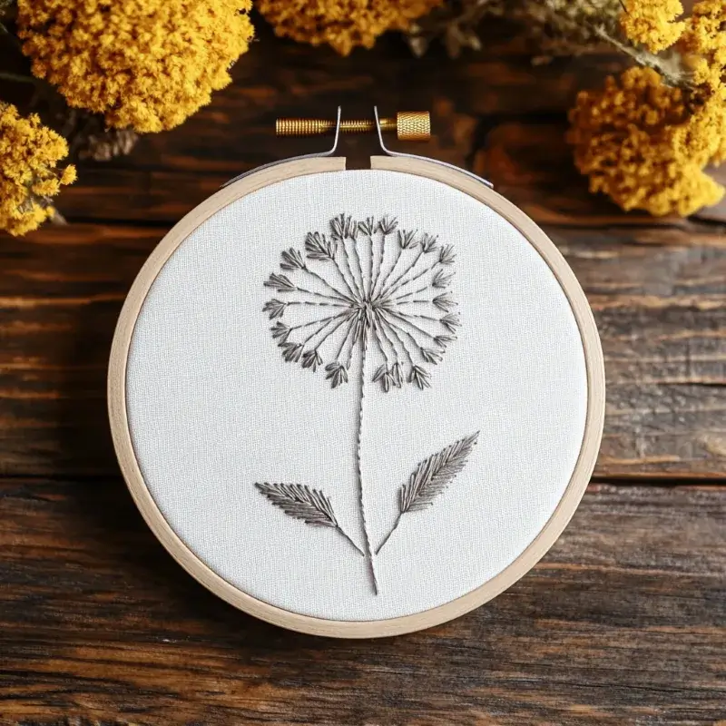 white dandelion hand embroidery placed on a dark brown wooden table white dandelion hand embroidery placed on a dark brown wooden table