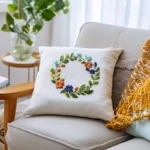 white pillow on a soft chair beside a glass vase with hydroponic greenery