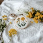 wildflower embroidery displayed at the center, with fresh yellow wildflowers beside it