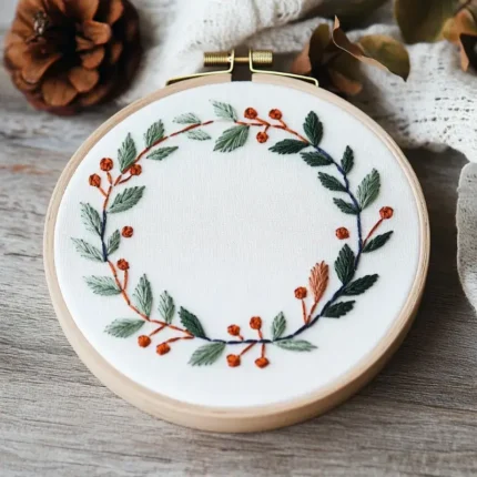 winter-inspired wreath embroidery with green leaves and red berries