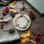 wreath embroidery displayed on a table with pinecones and red berries