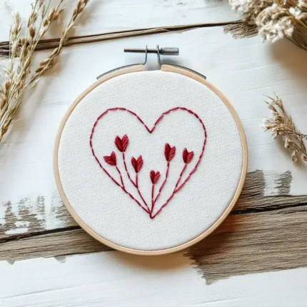 hand embroidery artwork featuring a heart-shaped outline with a growing heart design inside