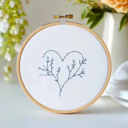 hand embroidery artwork featuring growing branches shaped like a subtle heart