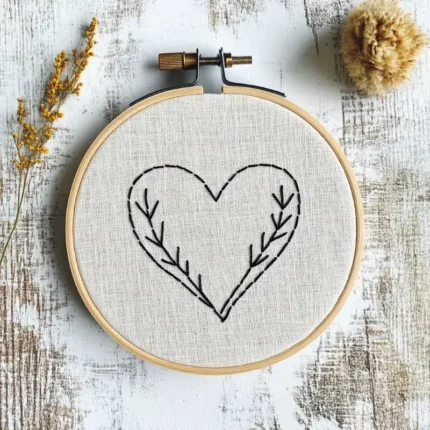 heart-shaped hand embroidery displayed on a white rustic wooden board