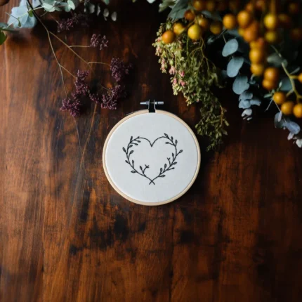 leaf-decorated heart embroidery centered with natural leaves and small berries