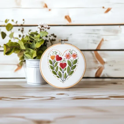 Red heart needlework hoop displayed on a wooden floor
