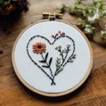 black thread heart-shaped floral hand embroidery pattern with delicate flower details