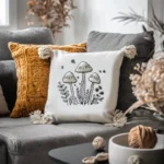 boho-style white cushion with tassels displaying a delicate fungi embroidery template in a living room