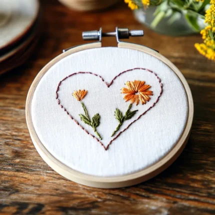close-up of a floral heart embroidery pattern with orange blooms inside a wooden hoop