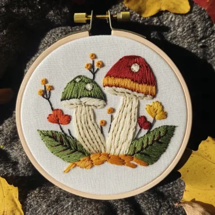 close-up of a hand-stitched autumn mushroom needlework pattern featuring green and red caps among fallen leaves