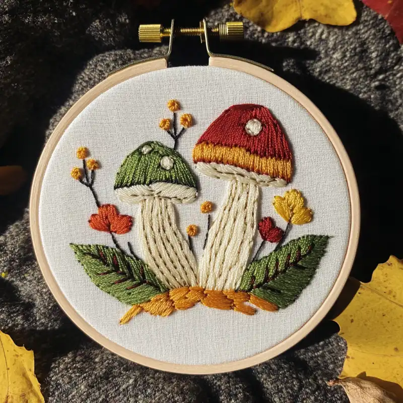 close-up of a hand-stitched autumn mushroom needlework pattern featuring green and red caps among fallen leaves close-up of a hand-stitched autumn mushroom needlework pattern featuring green and red caps among fallen leaves