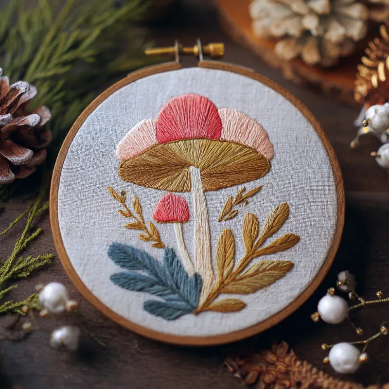 close-up of a hand-stitched pink and gold mushroom needlework pattern with botanical leaves, displayed among winter forest decorations close-up of a hand-stitched pink and gold mushroom needlework pattern with botanical leaves, displayed among winter forest decorations