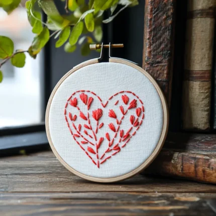 close-up of a hand-stitched red botanical heart pattern inside a wooden hoop next to old books