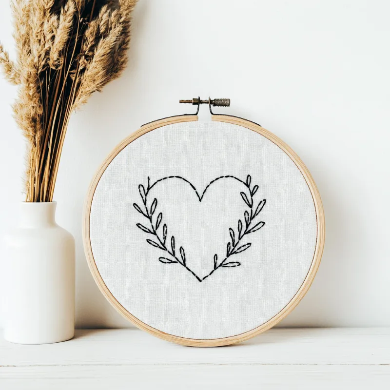 close-up of a minimalist black line leaf heart embroidery pattern inside a wooden hoop close-up of a minimalist black line leaf heart embroidery pattern inside a wooden hoop