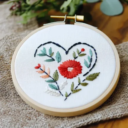 close-up of a simple red floral heart embroidery pattern with green leaves in a wooden hoop