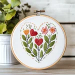 close-up of a traditional red floral heart embroidery pattern with green leaves in a wooden hoop