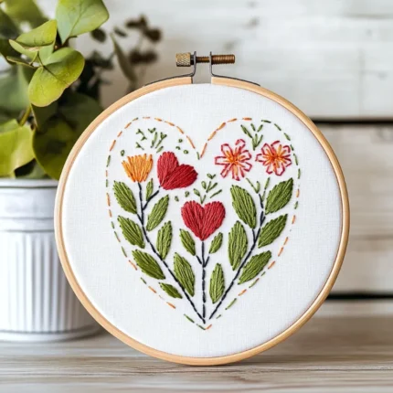 close-up of a traditional red floral heart embroidery pattern with green leaves in a wooden hoop