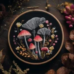 close-up of an intricate hand-stitched fungi motif on black fabric with dried leaves