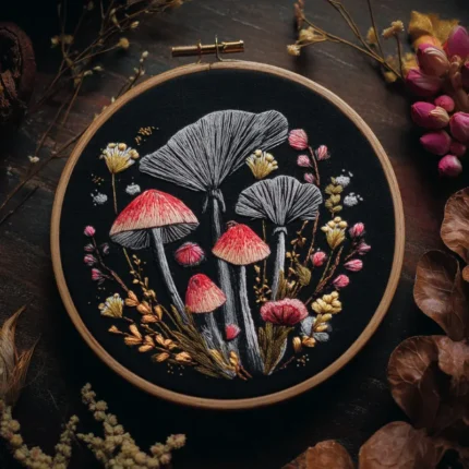 close-up of an intricate hand-stitched fungi motif on black fabric with dried leaves