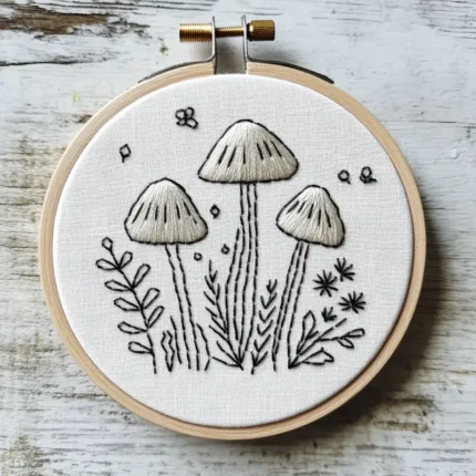 close-up of botanical and mushroom embroidery hoop art showing the stitch details of the caps and stems