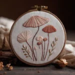 close-up of rustic mushroom embroidery hoop art showing thread details