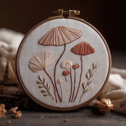 close-up of rustic mushroom embroidery hoop art showing thread details