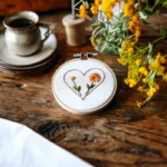 hand-stitched heart embroidery with two orange flowers in a hoop on a wooden table next to a coffee cup
