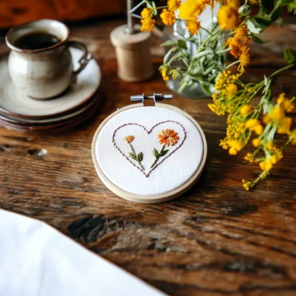 hand-stitched heart embroidery with two orange flowers in a hoop on a wooden table next to a coffee cup