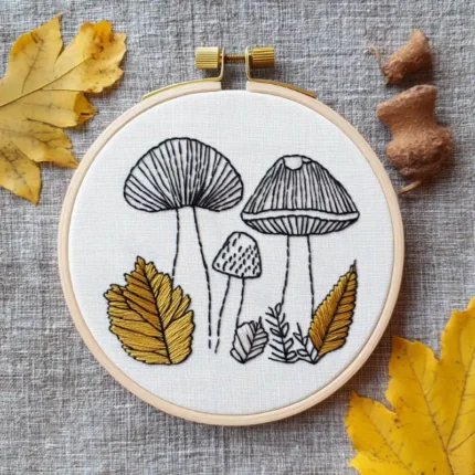 hand-stitched mushroom and autumn leaf motif in a hoop