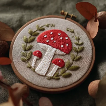 hand-stitched red spotted mushroom and foliage wreath motif in a wooden hoop