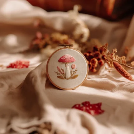 hand-stitched red toadstool and botanical embroidery hoop displayed on draped cloth in warm sunlight
