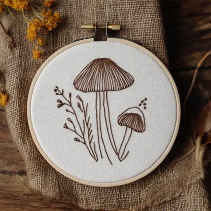 line art mushroom hand embroidery pattern stitched on fabric