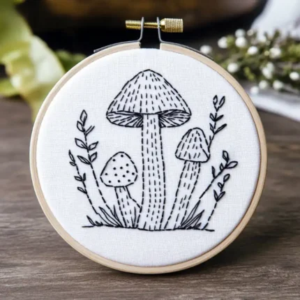 minimalist hand-stitched mushroom motif in a wooden embroidery hoop