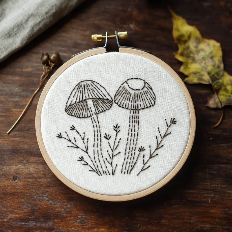 minimalist line art embroidery of two mushrooms in a wooden hoop on a dark rustic table minimalist line art embroidery of two mushrooms in a wooden hoop on a dark rustic table