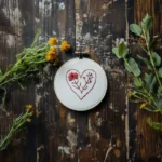 minimalist red heart needlework displayed on a rustic wood surface with surrounding greenery