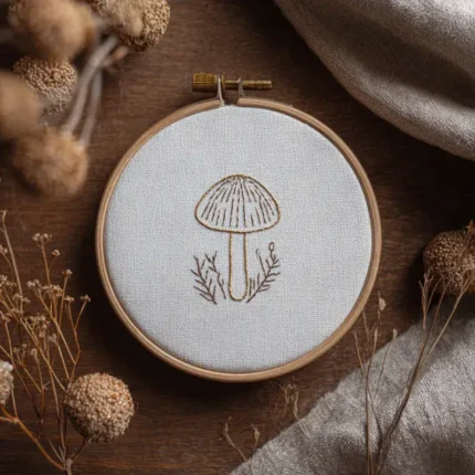 minimalist single mushroom hand embroidery in a wooden hoop