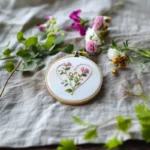 pink floral heart needlework in a hoop surrounded by fresh colorful flowers on a linen cloth