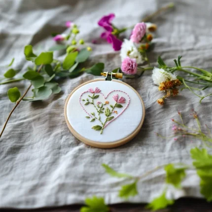 pink floral heart needlework in a hoop surrounded by fresh colorful flowers on a linen cloth