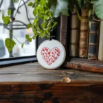 red floral bud heart embroidery in a wooden hoop resting on a wooden sill next to vintage books