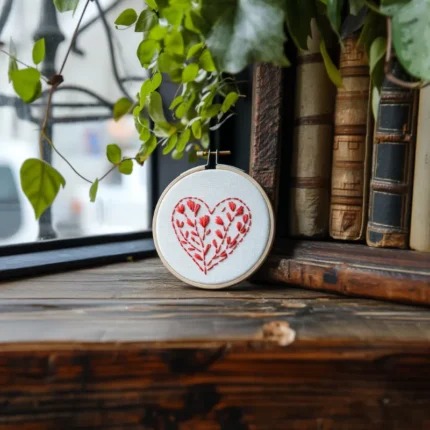 red floral bud heart embroidery in a wooden hoop resting on a wooden sill next to vintage books