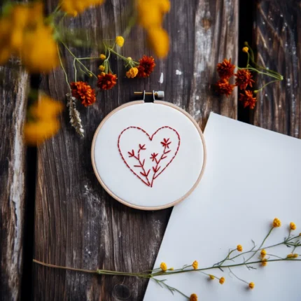 red floral heart needlework in a hoop on a dark wooden table