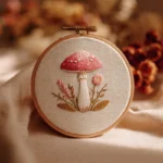 red mushroom and pink flower needlework in a hoop resting on beige fabric surrounded by dried autumn florals