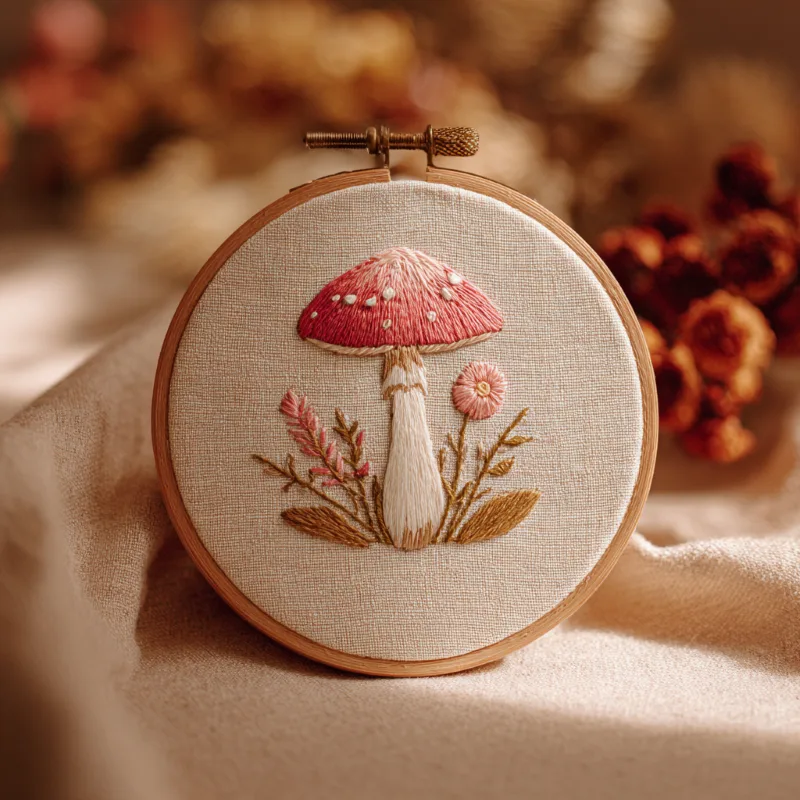 red mushroom and pink flower needlework in a hoop resting on beige fabric surrounded by dried autumn florals red mushroom and pink flower needlework in a hoop resting on beige fabric surrounded by dried autumn florals