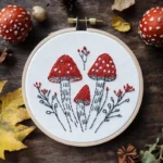 red spotted mushroom hand embroidery in a wooden hoop surrounded by autumn leaves