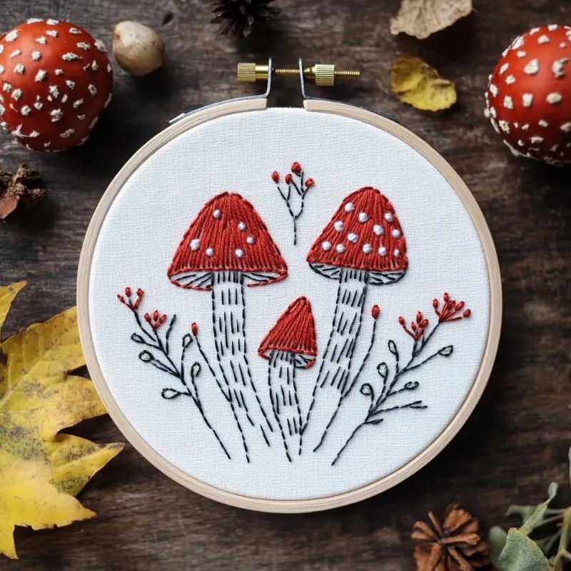 red spotted mushroom hand embroidery in a wooden hoop surrounded by autumn leaves red spotted mushroom hand embroidery in a wooden hoop surrounded by autumn leaves