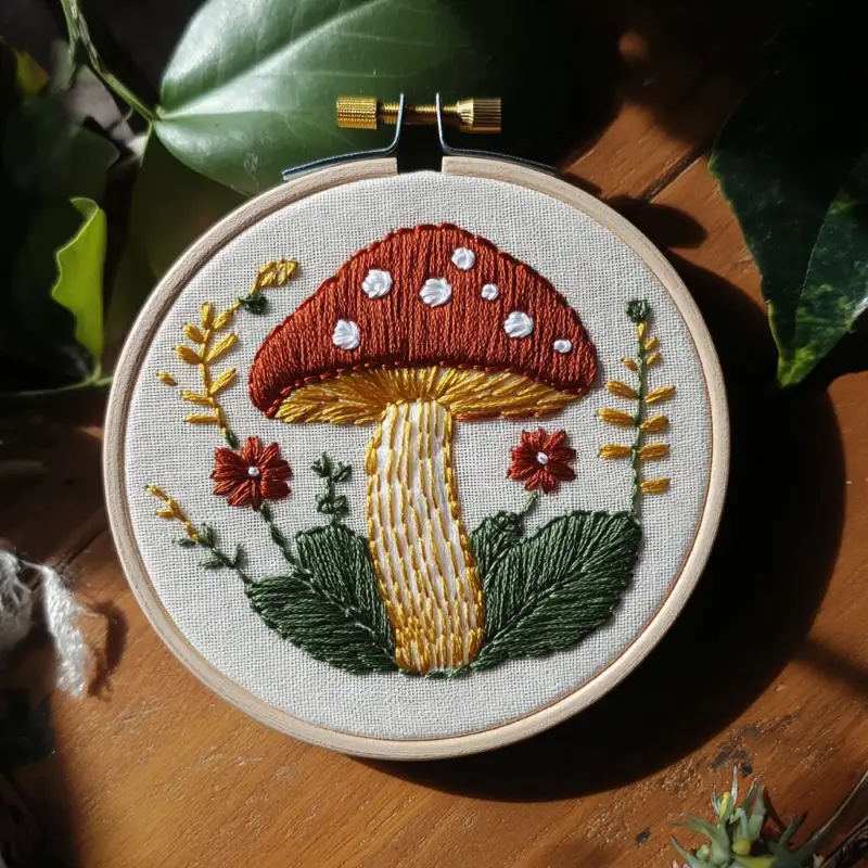 red toadstool and floral embroidery in a wooden hoop resting on a sunny wooden surface with dark leaf shadows red toadstool and floral embroidery in a wooden hoop resting on a sunny wooden surface with dark leaf shadows
